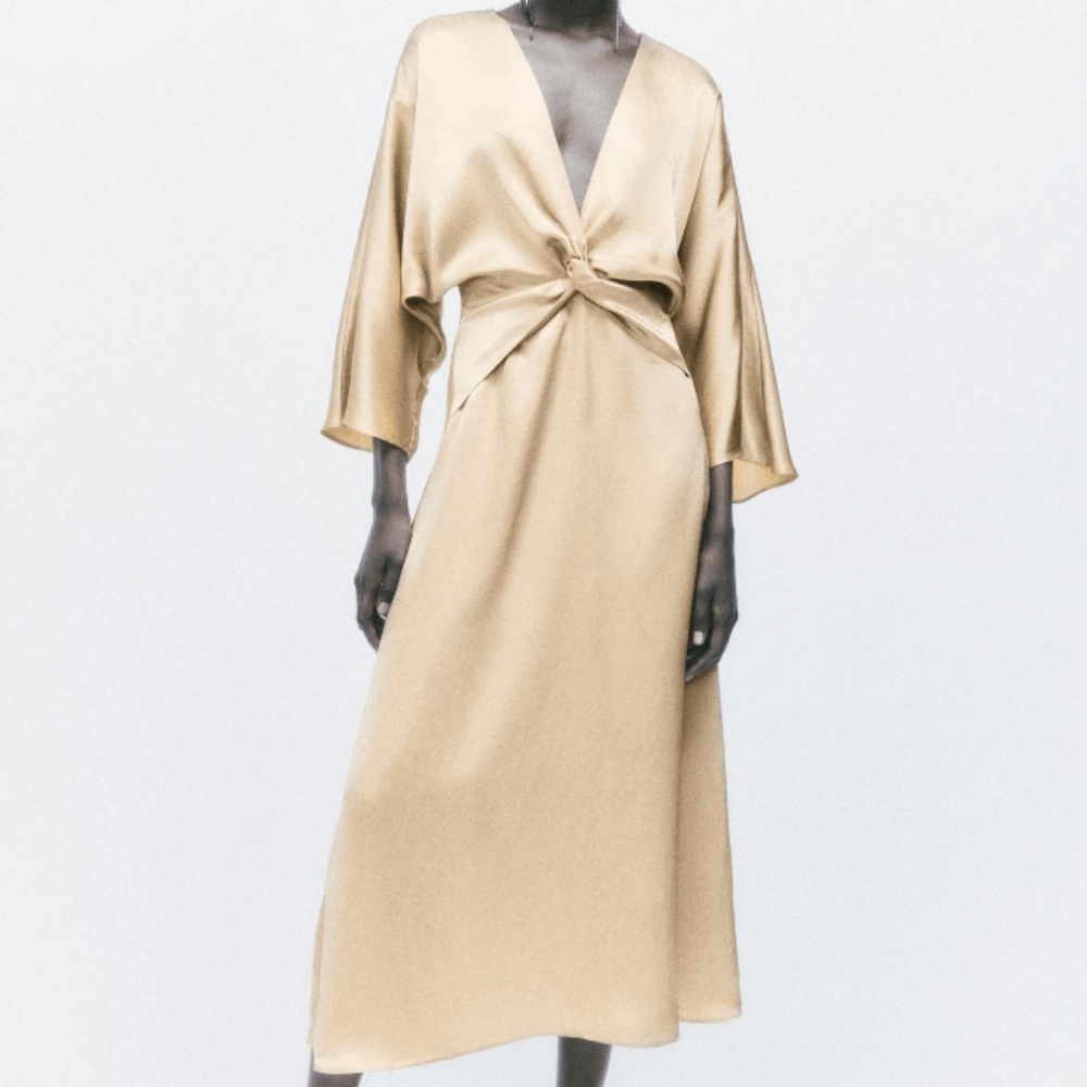 NEW WITH TAGS - ZARA GOLD SATIN MIDI KIMONO SLEEVE DRESS